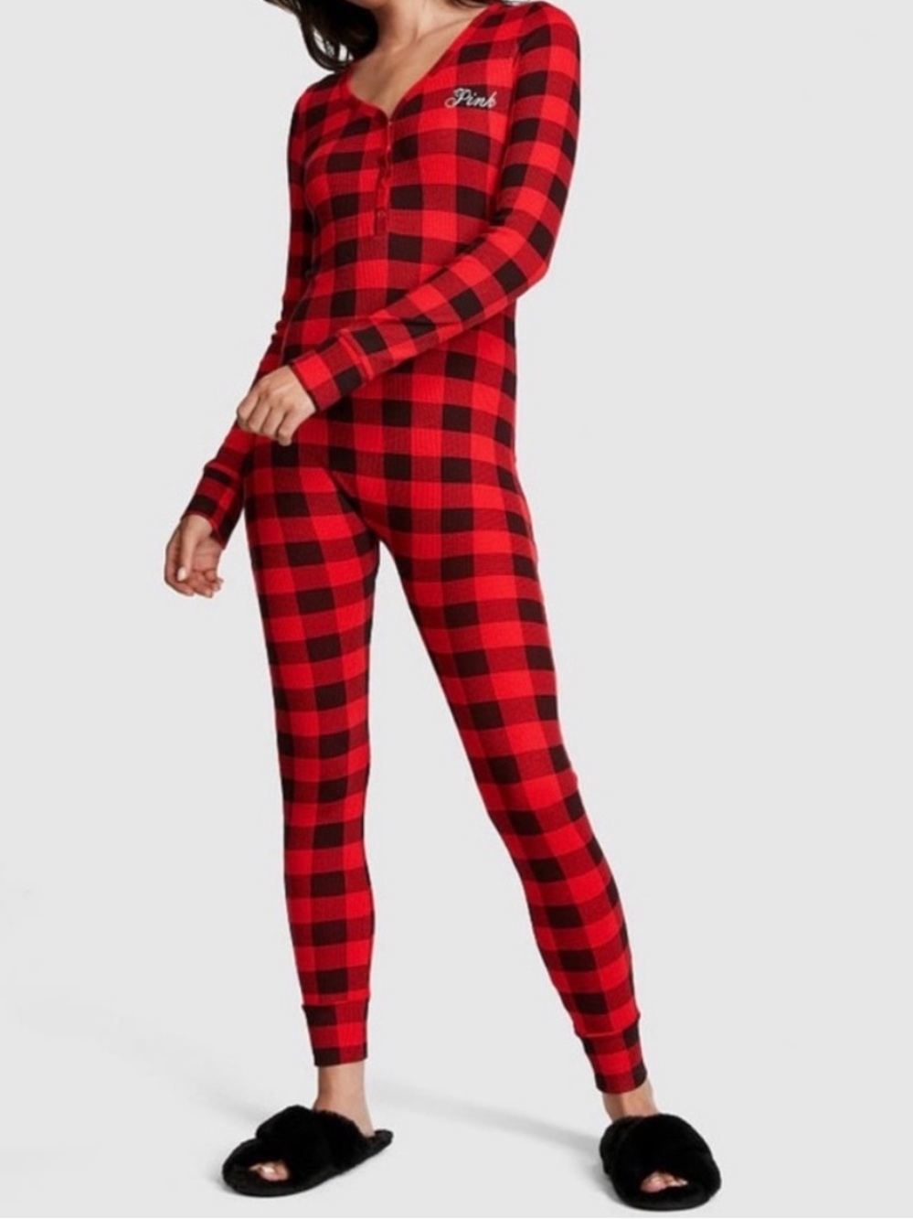 Victoria's Secret PINK Buffalo Plaid Thermal Onesie Pajamas